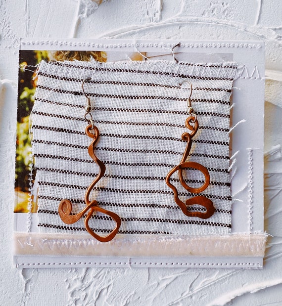 Copper Bonded Earrings | handmade hammered drop d… - image 1