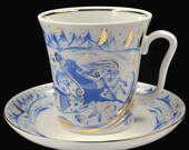 Cobalt Gold Mug and Saucer Troika Russian Imperial Lomonosov Porcelain