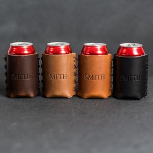 Personalized Leather Drink Holder | Can Sleeve | Fits Standard Size Soda and Beer Cans | Anniversary | Personalized Gift | Back to School