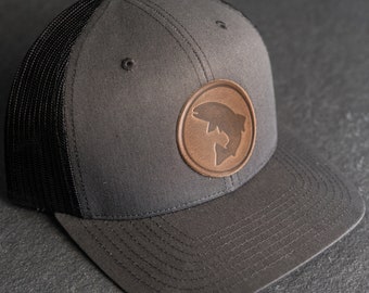 Fish Stamp Hat | Leather Patch Trucker Style Hat for Him or Her | Fishing Hat | Outdoor Hiking Apparel | Mother's Day Gift