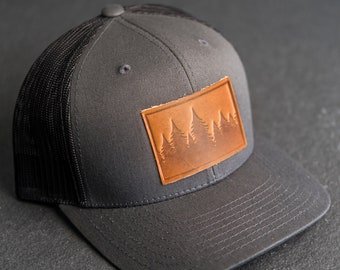 Pine Tree Ridgeline Hat | Leather Patch Trucker Style Hats | Mountains Hiking Apparel | Accessories for Him and Her | Mother's Day Gift