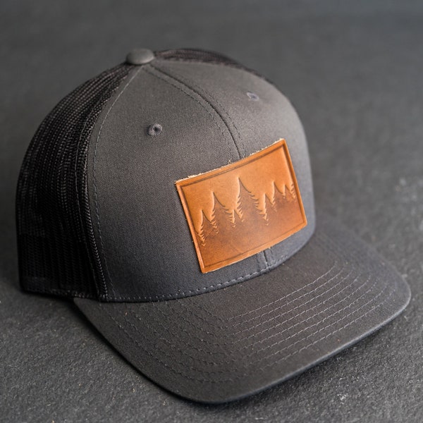 Pine Tree Ridgeline Hat | Leather Patch Trucker Style Hats | Mountains Hiking Apparel | Accessories for Him and Her | Mother's Day Gift