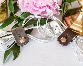 Personalized Leather Cord Wraps | Wedding Favors | Headphone Holder | Cable Organizer | Initials | Monogram | Heart Symbol | Mother's Day