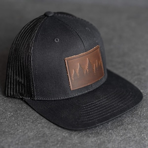 Pine Tree Ridgeline Hat | Leather Patch Trucker Style Hats | Mountains Hiking Apparel | Accessories for Him and Her | Mother's Day Gift