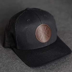 PNW Hat | Leather Patch Trucker Style Hat | Pacific Northwest Apparel | Mountains Hiking Hat | Gift for Him and Her | Father's Day Gift