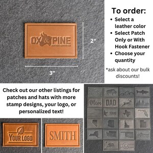May include: A brown leather patch with the text "OX & PINE LEATHER GOODS CO." in a white font. The patch is 3 inches wide and 2 inches tall. The image also shows other leather patches with different designs, including a patch with the text "YOUR LOGO" and a patch with the text "SMITH".