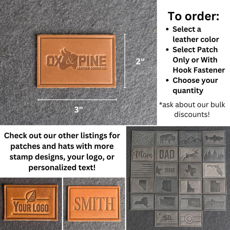 May include: A brown leather patch with the text "OX & PINE LEATHER GOODS CO." in a white font. The patch is 3 inches wide and 2 inches tall. The image also shows other leather patches with different designs, including a patch with the text "YOUR LOGO" and a patch with the text "SMITH".