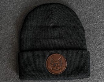 Beanie with Leather Patch Attached - Cool Cat Stamp | Father's Day Gift