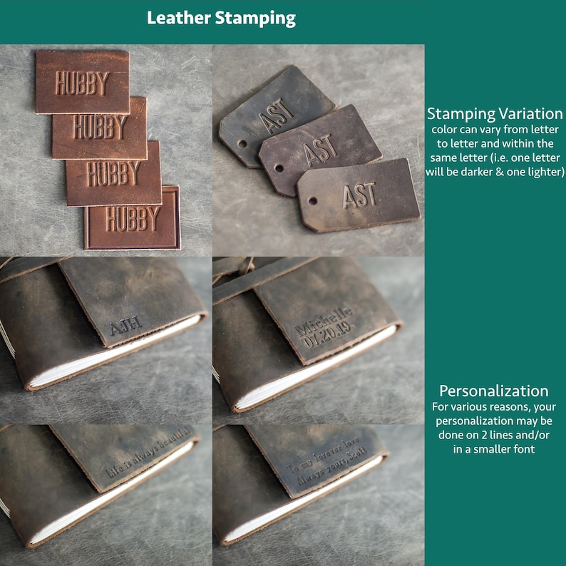 May include: A collage of leather items with stamped text. Includes brown leather coasters with "HUBBY", dark brown tags with "AST", and journals with initials and dates. The image shows examples of personalization.