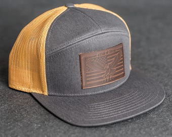 America’s 250th Anniversary Eagle Leather Patch Hat – Flat Bill 7 Panel Trucker Hat – Limited Edition | Father's Day Gift