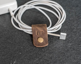 Personalized Leather Cord Wraps | Laptop Charger Organizer | Cable Holder | Desk Accessory | Custom Gift