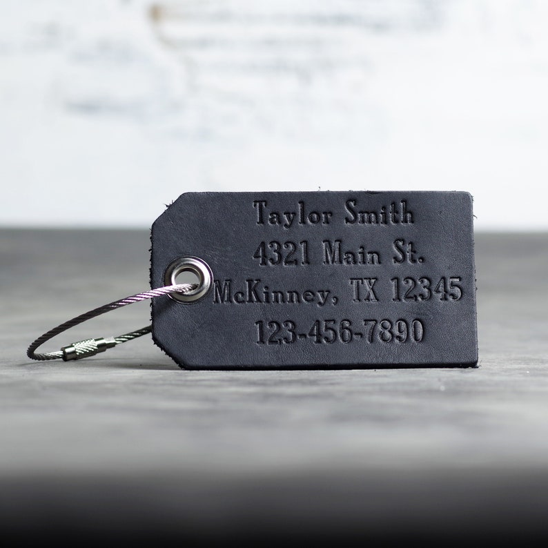 Personalized Leather Luggage Tags Custom Bag Tag Business Travel Gift Initials, Name, Address, Phone Mother's Day Gift Black