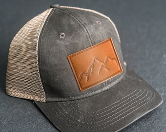 Mountain Range Stamp Ponytail Hat | Leather Patch Ponytail Style Hats for Women | Gifts for Mom | Hiking Outdoor Apparel | Mother's Day Gift