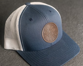 Floral Stamp Trucker Hat | Leather Patch Trucker Hat for Women or Men with Flower Design | Hat for Mom | Outdoor Hat | Mother's Day Present