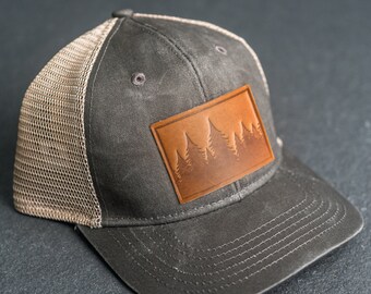 Pine Tree Stamp Ponytail Hat | Leather Patch Ponytail Style Hat |   | Pine Tree Ridgeline | Mountains Hiking Apparel Mother's Day Gift