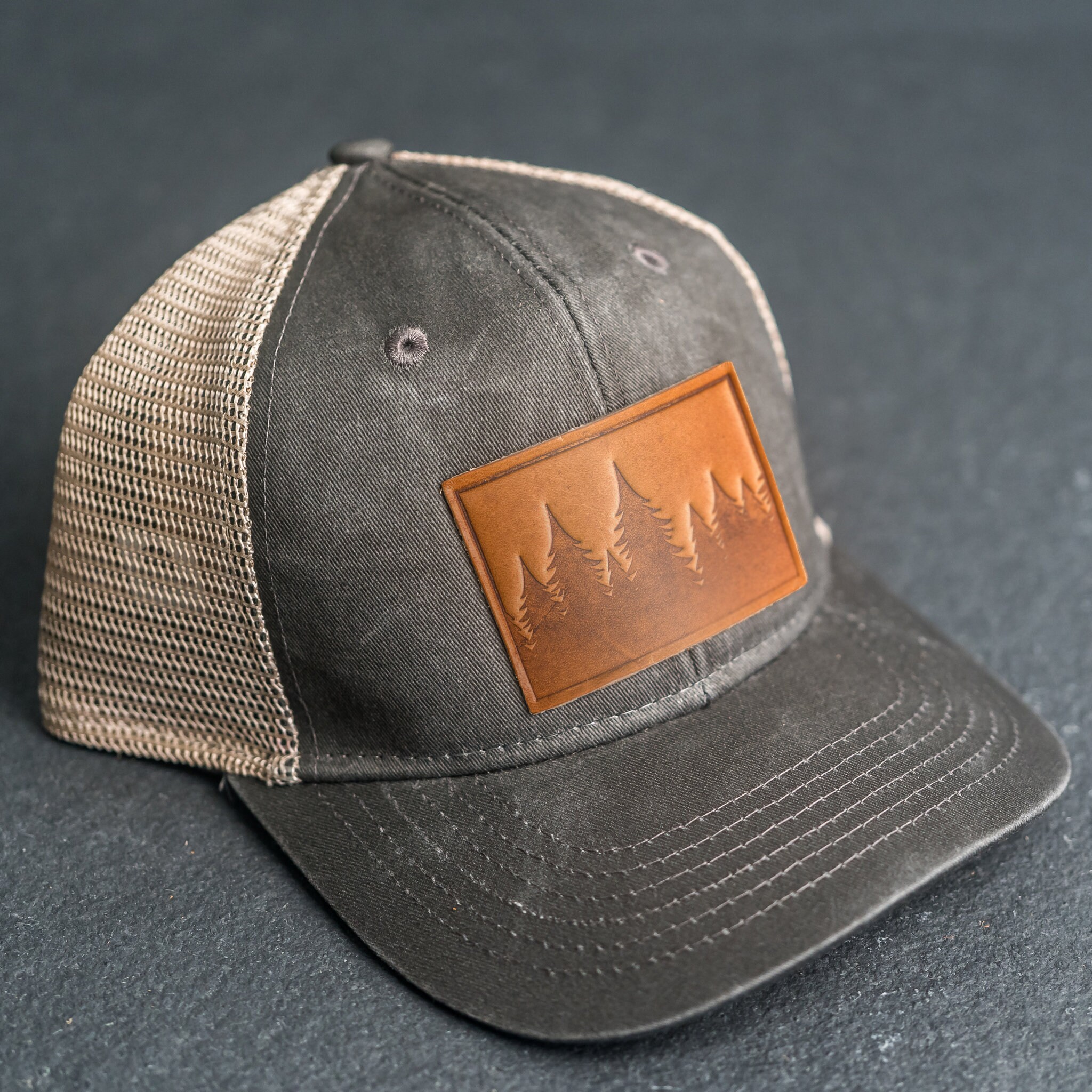 Pine Tree Stamp Ponytail Hat Leather 