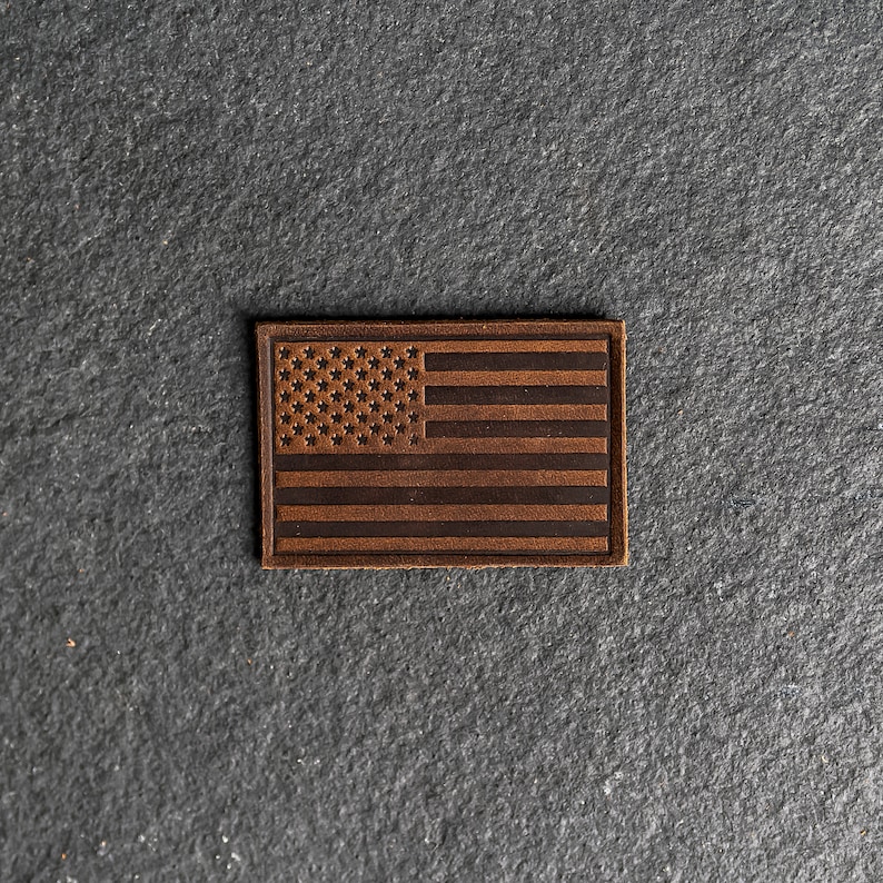American Flag Leather Patch Velcro Option 3 x 2 Rectangle Made in the USA For Backpacks and Jackets Mother's Day Gift Rustic Brown