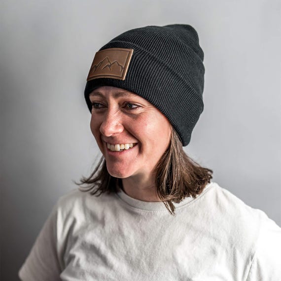 Beanie With Leather Patch Attached - Mountain Range Stamp | Custom
