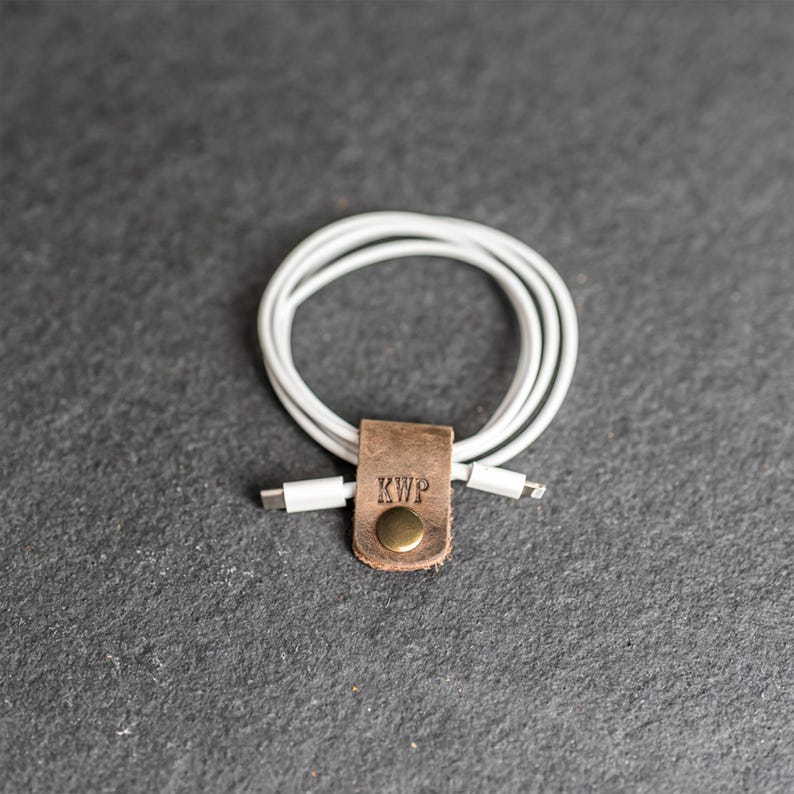 Personalized Small Leather Cord Wraps | Headphone Holder | Cable Organizer | Tech Gift | Desk Accessory | Custom Gift Rustic Brown