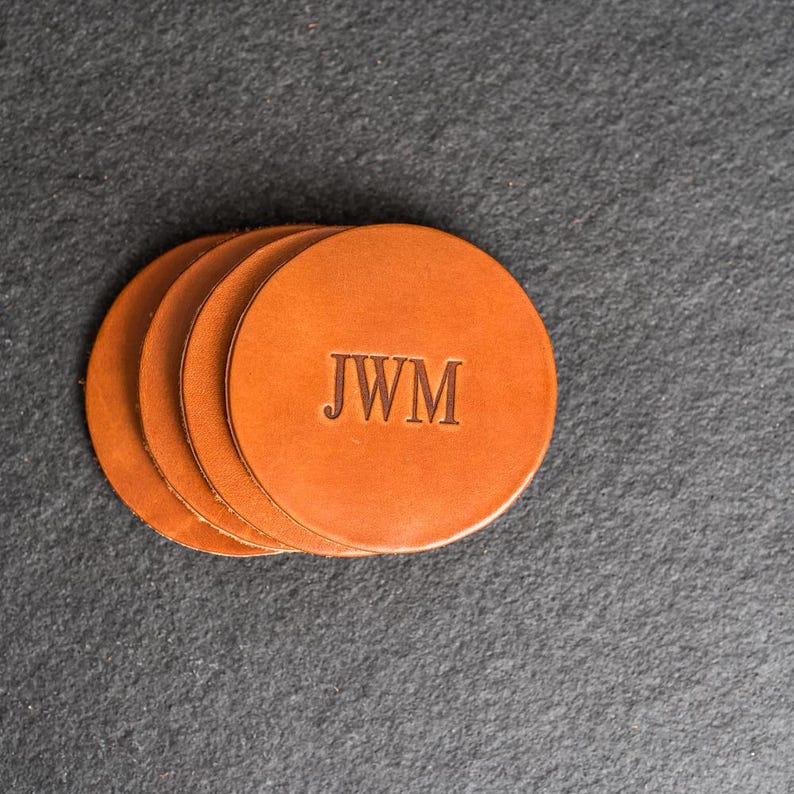 Personalized Leather Coasters | Set of 4 | Name or Initials | 100% Full Grain Leather | Custom Gift Harvest - Round