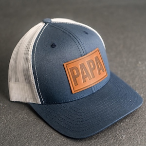 Papa Stamp Hat | Leather Patch Trucker Style Hats | Gift for Dad | Apparel for Grandpa | Birthday Gift |Holiday Grandparent | Father&#39;s Day