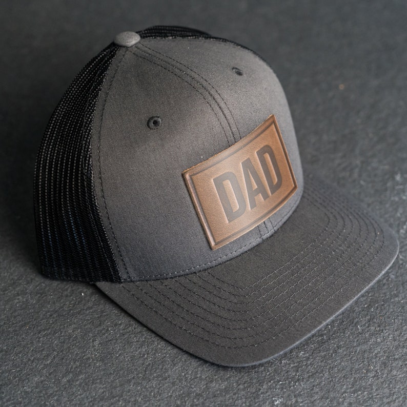 Dad Stamp Hat Leather Patch Trucker Style Hats Mother's Day Gift Gift for Dad Apparel for New Dad Birthday Gift Father's Day Charcoal/Cafe Leathr