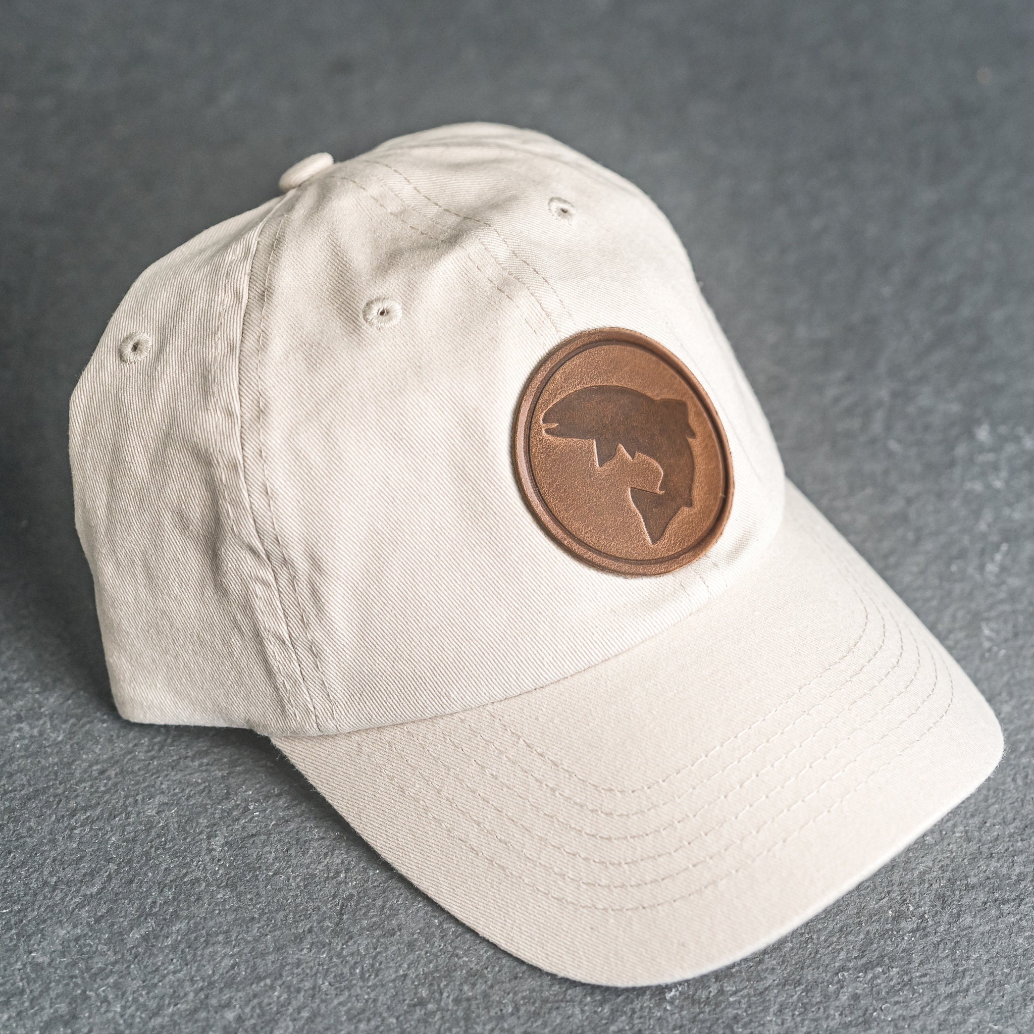 Fish Stamp Unstructured Hat | Leather Patch Unstructured Style Hats for Him or Her | Apparel | Dad Hat | Outdoor Hiking | Gift Ideas