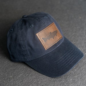 Fish Stamp Unstructured Hat | Leather Patch Unstructured Style Hats for Men or Women | Fishing Hat | Mom Hat | Gift for Mom | Gift Ideas