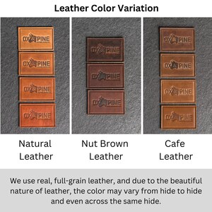 May include: Leather swatches in three colors: natural, nut brown, and cafe. Each swatch has the text "Ox & Pine Leather Goods Co." embossed on it.