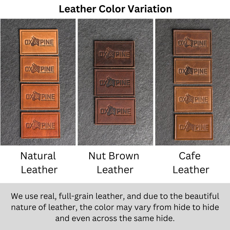 May include: Leather swatches in three colors: natural, nut brown, and cafe. Each swatch has the text "Ox & Pine Leather Goods Co." embossed on it.