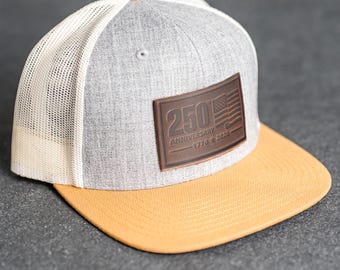 Leather Patch Flat Bill Trucker Hat - American Flag Stamp | Father's Day Gift | Outdoor Hiking