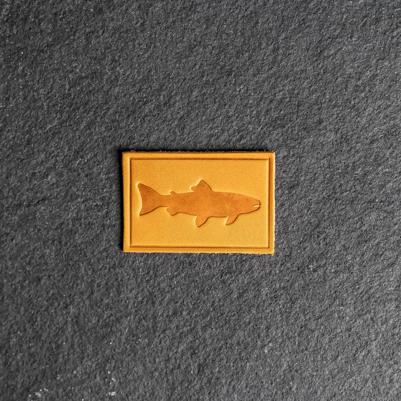 Fish Stamp Leather Patch Velcro Option 3 x 2 Rectangle Fishing Hiking Outdoor Patch for Backpack, Jacket, and more Mother's Day Saddle Tan