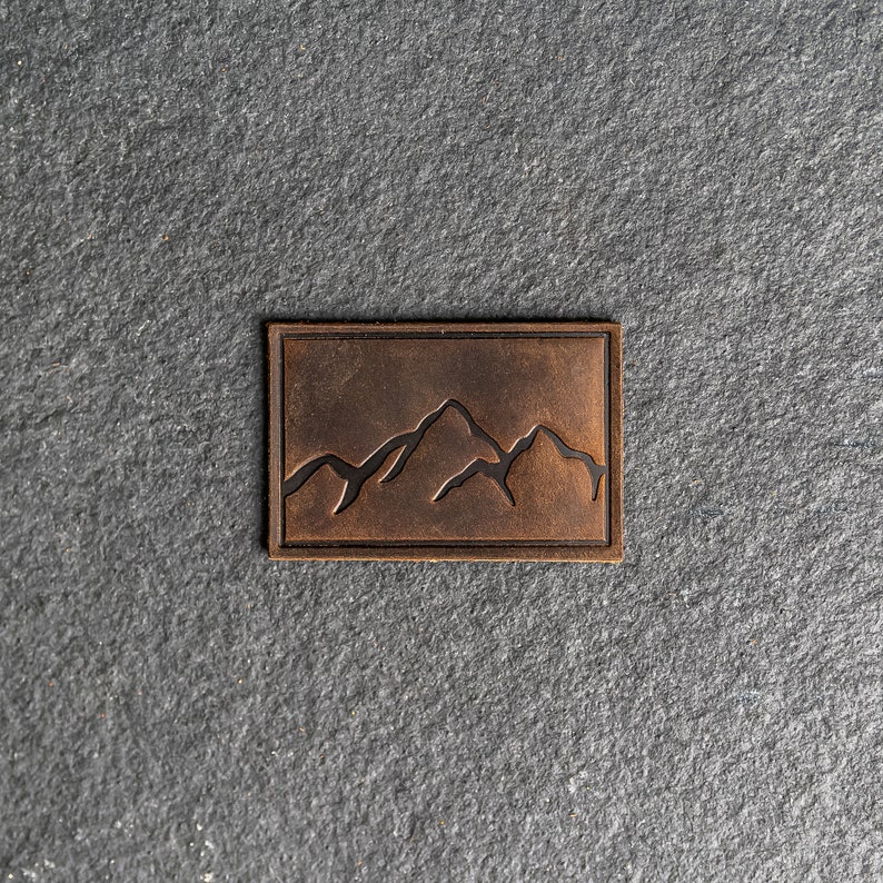 Mountains Leather Patch Velcro Option 3 x 2 Rectangle Mountain Range Hiking Patch for Backpacks, Jackets, and more Mother's Day Rustic Brown