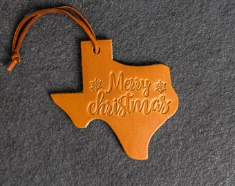 Merry Christmas Leather Christmas Ornament - Texas Shape | Stocking Tags | 2023 Texas Christmas Decorations | Teacher Gifts | Mother's Day