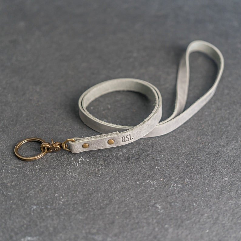 Personalized Leather Lanyard Badge Holder Id Keychain Necklace with Swivel Clip Mother's Day Gift Short or Long Rustic Gray