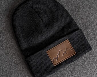 Beanie With Leather Patch Attached - Mountain Range Stamp | Custom