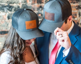 Bride and Groom Hats | Leather Patch Trucker Style Hats | Wedding Hats | Wedding Gifts | Gift for Spouse|