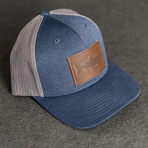 Fish Stamp Performance Hat | Leather Patch Performance Style Trucker Hats for Men or Women | Fishing | Outdoor Hiking | Custom Gift