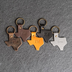Personalized Leather Texas Keychain | Shape of Texas Key Fob with Attached Keyring | Customize with Initials/Name | Gift Ideas
