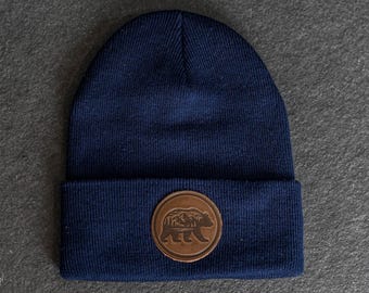 Beanie with Leather Patch Attached - Bear Stamp | Father's Day Gift