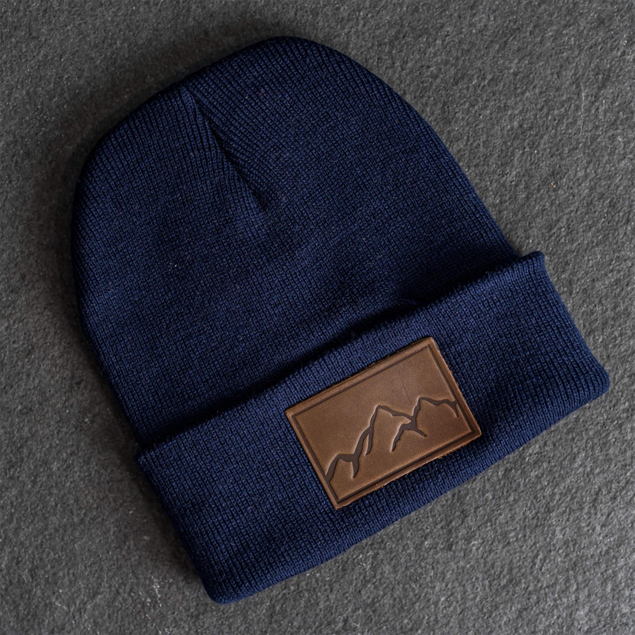 Beanie With Leather Patch Attached - Mountain Range Stamp | Custom