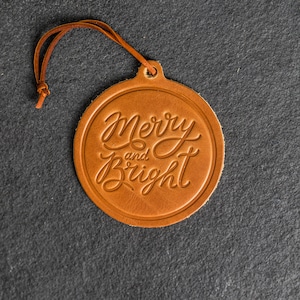 Merry & Bright Circle Shape Leather Christmas Ornament | Stocking Tags | 2024 Texas Christmas Decorations | Teacher Gifts | Christmas Gift
