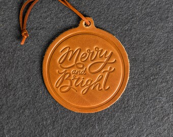 Merry & Bright Circle Shape Leather Christmas Ornament | Stocking Tags | 2023 Texas Christmas Decorations | Teacher Gifts | Mother's Day
