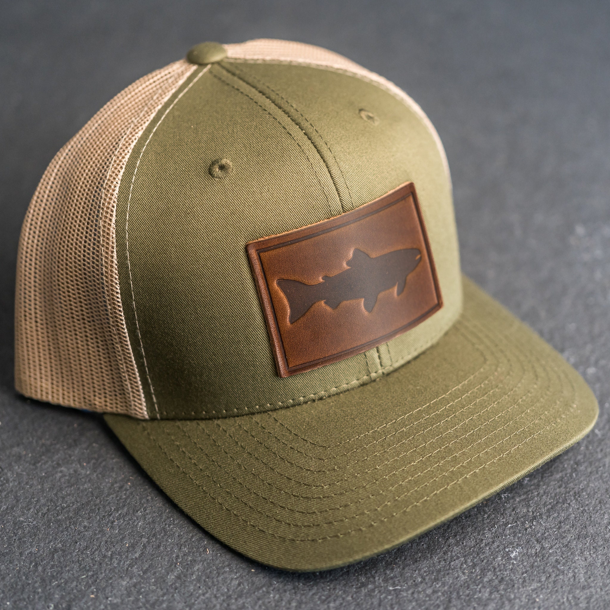 Fish Stamp Hat | Leather Patch Trucker Style Hats for Him or Her | Fishing Hat | Outdoor Hiking Apparel | Gift Ideas