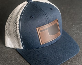 Oklahoma Hat | Leather Patch Trucker Style Hats for Men and Women | State of Oklahoma Apparel | Hiking Outdoor Travel | Mother's Day Gift