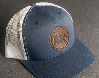 Bear Stamp Trucker Hat | Leather Patch Trucker Style Hats | Buffalo Hat | High Quality Outdoor Gear | Father's Day Gift
