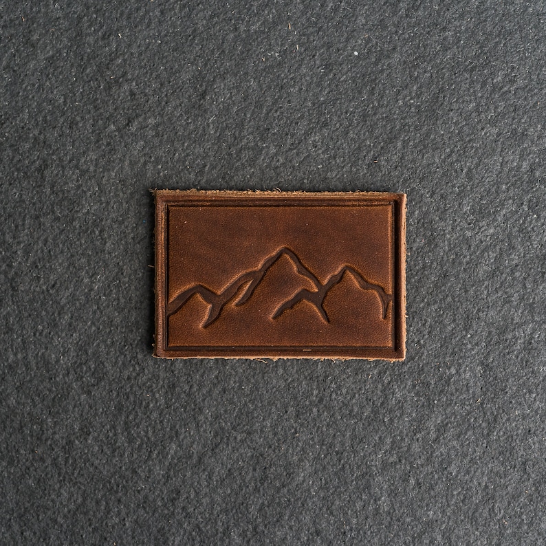 Mountains Leather Patch Velcro Option 3 x 2 Rectangle Mountain Range Hiking Patch for Backpacks, Jackets, and more Mother's Day Nut Brown Dublin