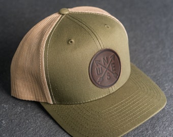Compass Rose Stamp Trucker Hat | Leather Patch Trucker Hat for Him or Her | Adventure Travel Hat | Outdoor Accessories