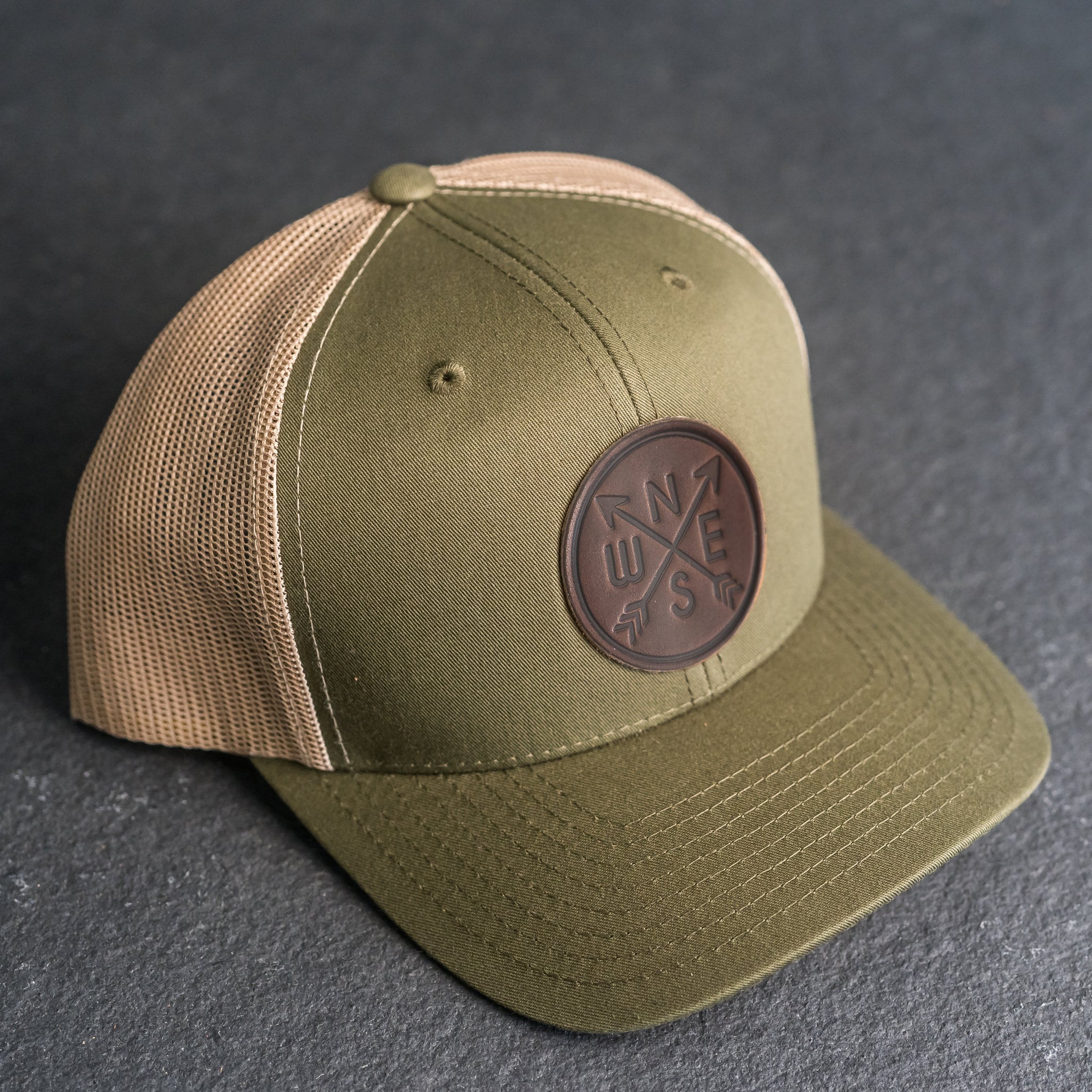 Compass Rose Stamp Trucker Hat | Leather Patch Trucker Hat for Him or Her | Adventure Travel Hat | Outdoor Accessories |  Custom Gift