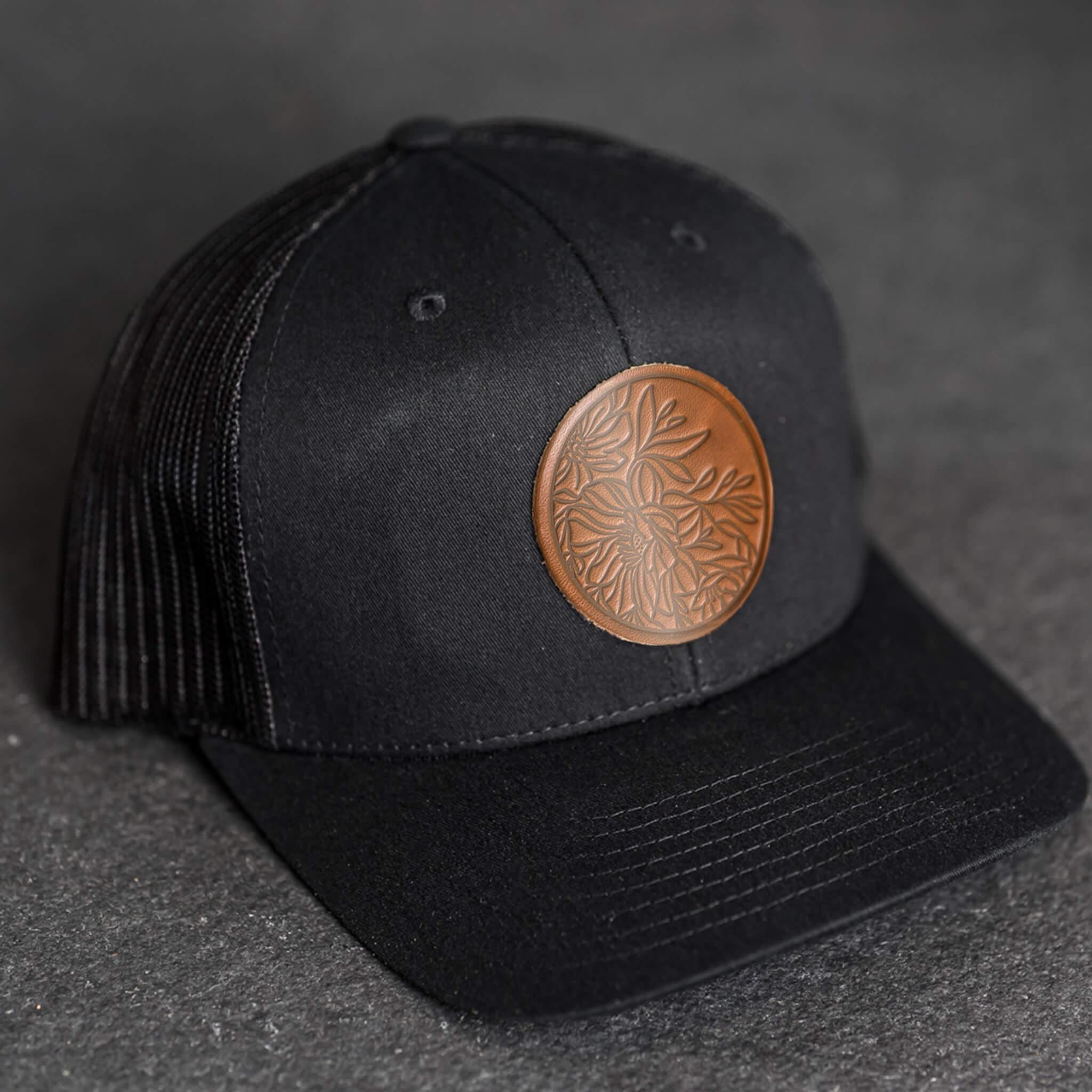 Floral Stamp Trucker Hat | Leather Patch Trucker Hat for  display picture 2